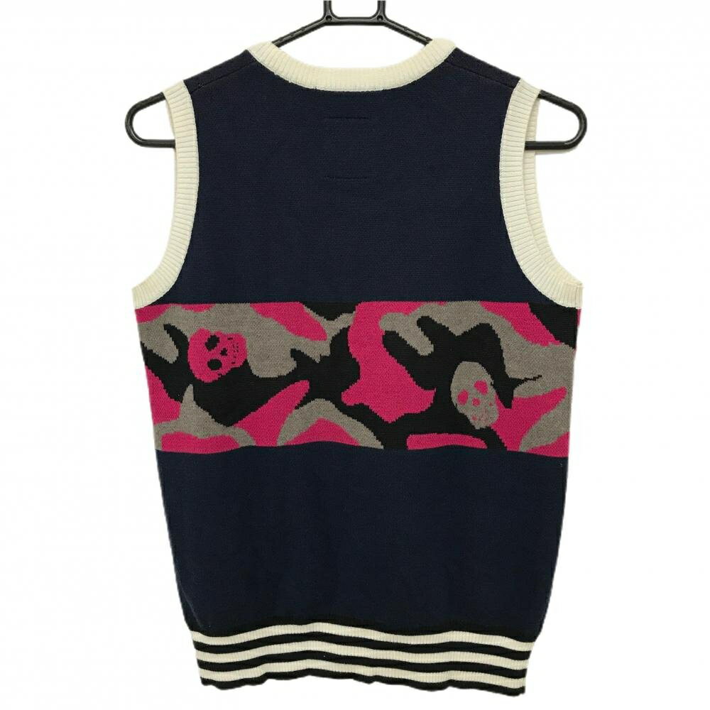 マークアンドロナ ニットベスト ネイビー×ピンク×黒 一部迷彩 カモフラ Vネック レディース WM ゴルフウェア MARK＆LONA