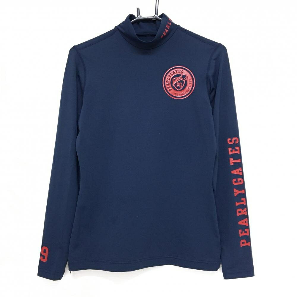 【超美品】パーリーゲイツ ハイネックインナーシャツ ネイビー×レッド 袖ロゴ レディース 2(L) ゴルフウェア PEARLY GATES
