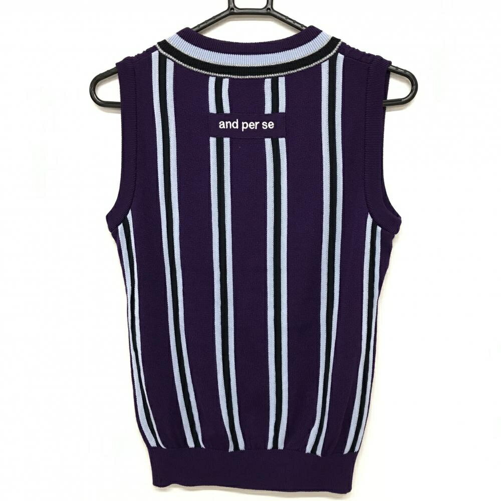 【美品】アンパスィ ニットベスト パープル×ライトブルー ケーブル編み 背面ストライプ Vネック レディース M ゴルフウェア and per se