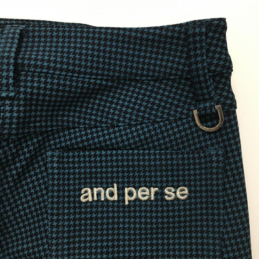 【美品】アンパスィ ストレッチパンツ ブルー系×黒 千鳥格子 ロゴ刺しゅう 裏起毛 レディース S ゴルフウェア and per se