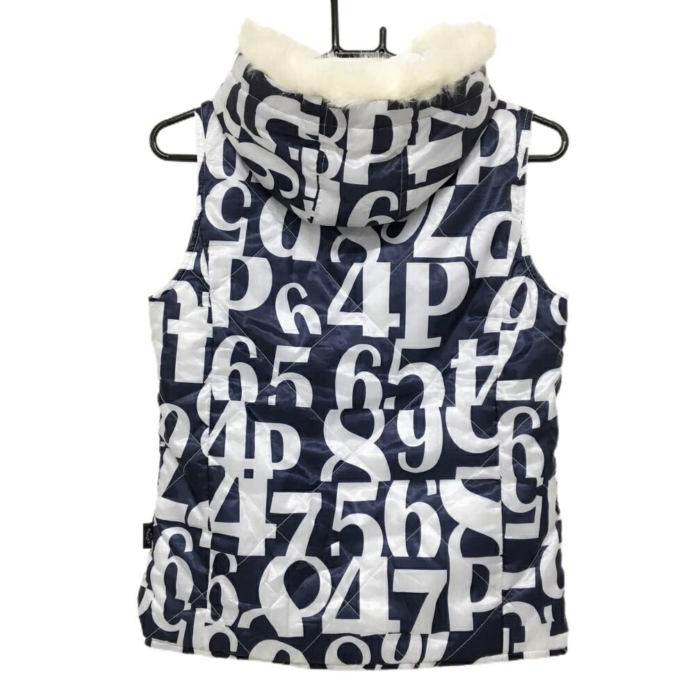 キャロウェイ 中綿リバーシブルベスト ネイビー×白 数字柄 裏白 フードファー着脱可 レディース M ゴルフウェア Callaway