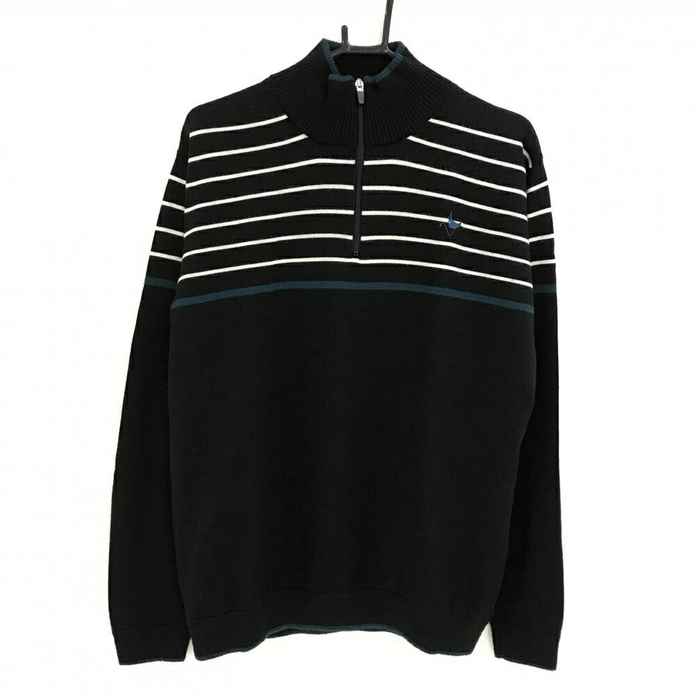 【超美品】クランク セーター 黒×白 胸元ボーダー ウール混 裏地付 ハーフジップ メンズ O(XL) ゴルフウェア CLUNK
