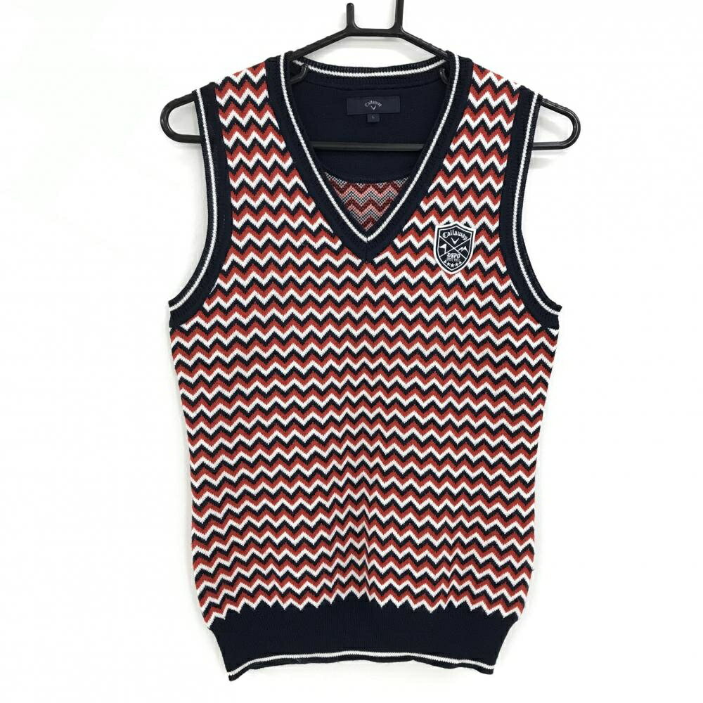 【超美品】キャロウェイ ニットベスト ネイビー×レッド×白 ジグザグ柄 ウール混 レディース L ゴルフウ..