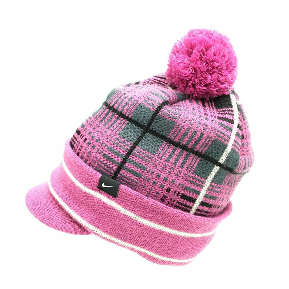 【美品】ナイキ つば付きニット帽 ピンク×グレー チェック ボンボン付き レディース FREE ゴルフウェア NIKE