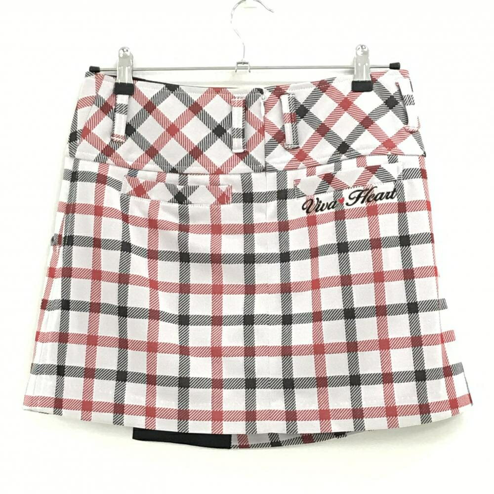 【超美品】ビバハート スカート 白×レッド チェック柄 ロゴ刺しゅう 内側インナーパンツ レディース 40(M) ゴルフウェア VIVA HEART