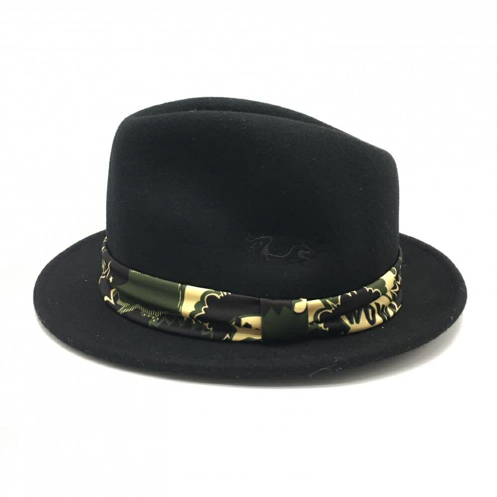 【超美品】ダンスウィズドラゴン 中折れハット 黒 一部カモフラ調 ウール100% フリーサイズ ゴルフウェア Dance With Dragon