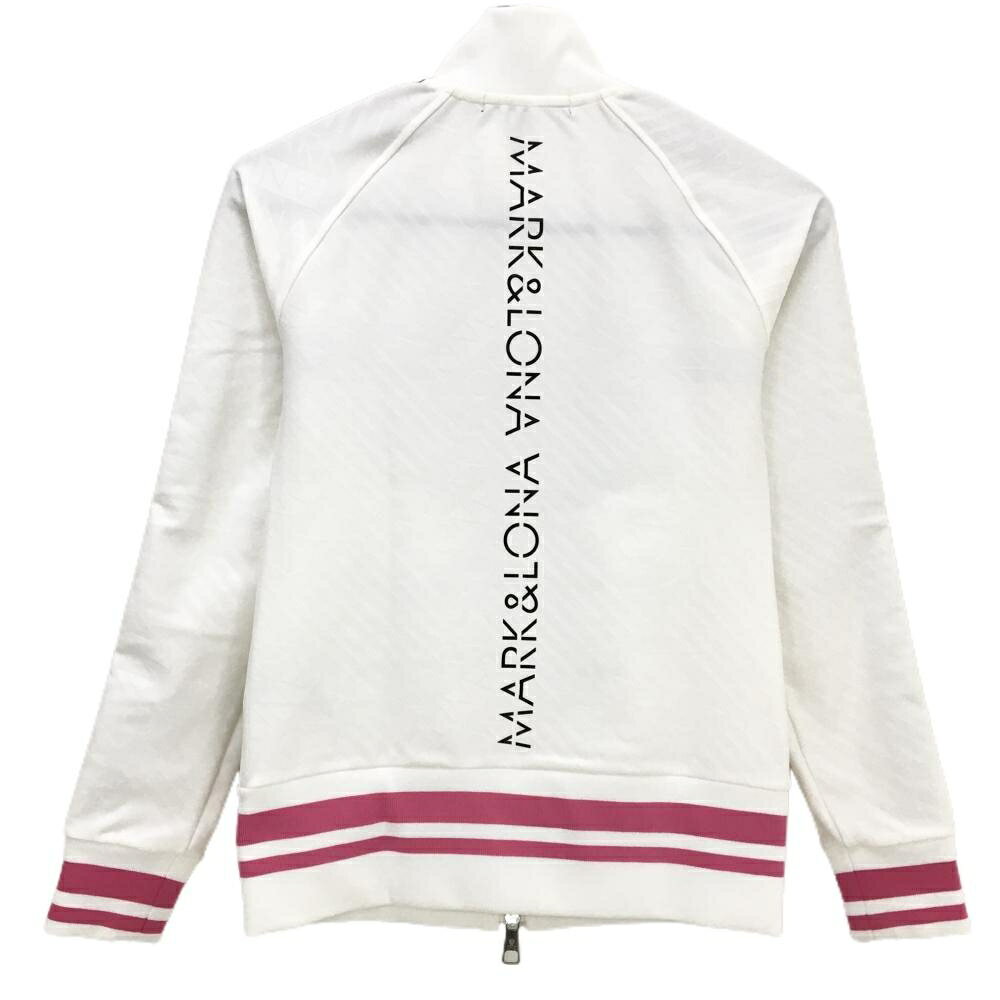 【超美品】マークアンドロナ ブルゾン 白×ピンク 斜めストライプ・ロゴ地模様 袖・胸ライン レディース 36(S) ゴルフウェア MARK＆LONA