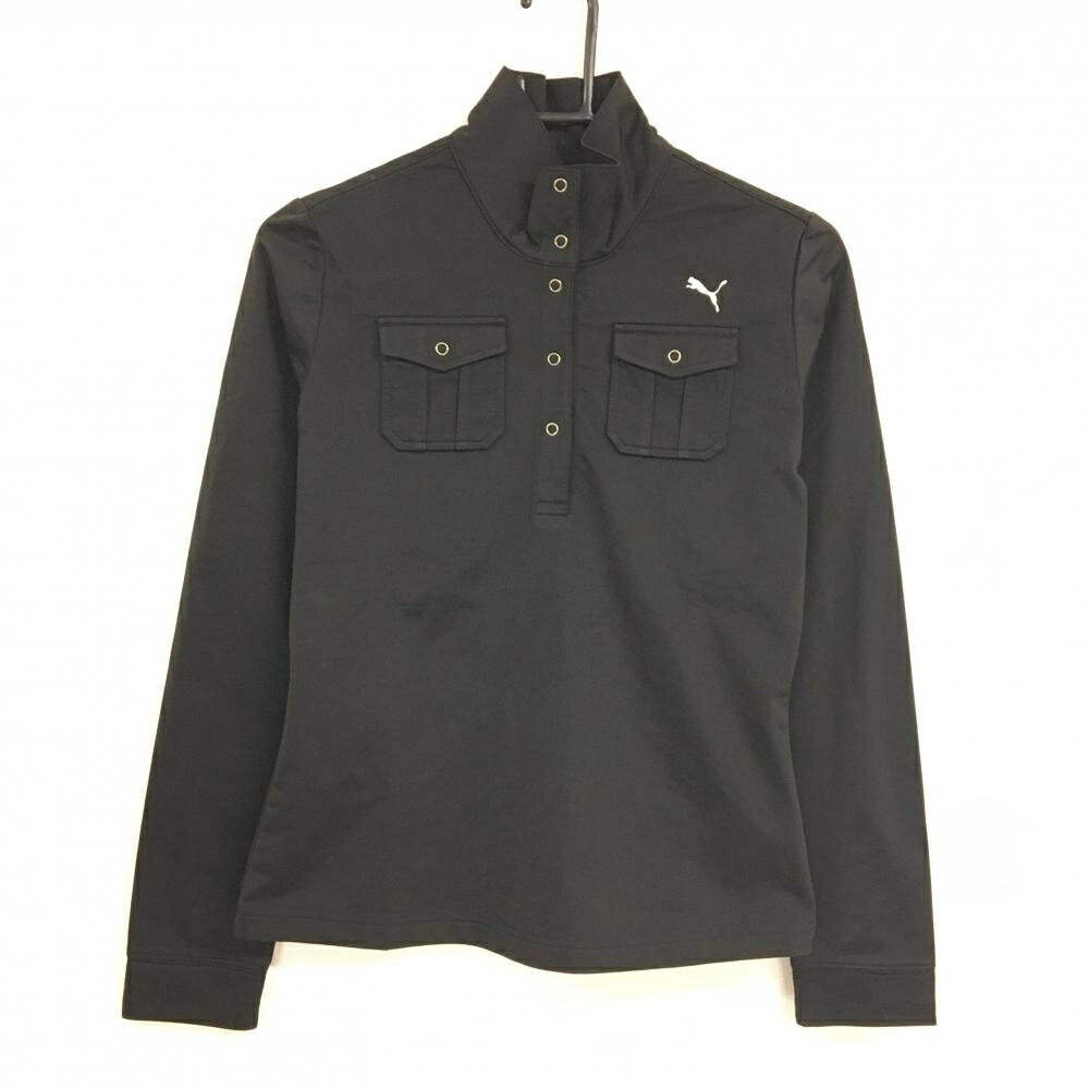 【超美品】プーマゴルフ 長袖ハイネックシャツ 黒 裏微起毛 スナップボタン 胸ポケット付 レディース ゴルフウェア PUMA