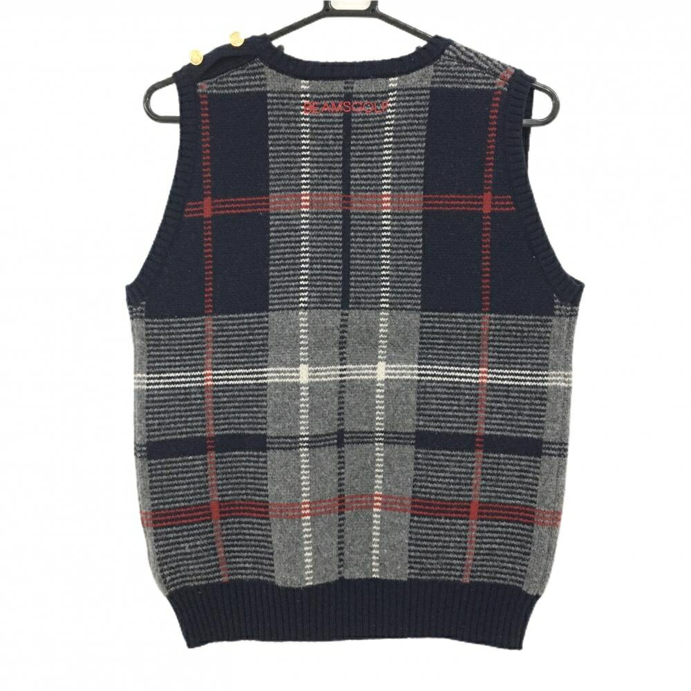 【美品】ビームスゴルフ ニットベスト グレー×ネイビー×レッド チェック レディース L ゴルフウェア BEAMS GOLF