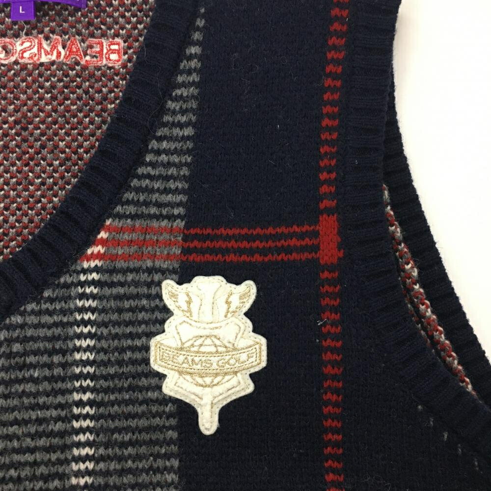 【美品】ビームスゴルフ ニットベスト グレー×ネイビー×レッド チェック レディース L ゴルフウェア BEAMS GOLF