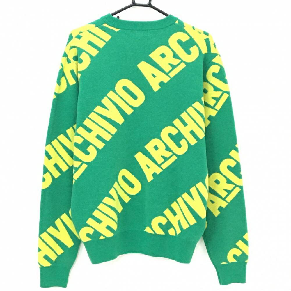 【超美品】アルチビオ セーター グリーン×イエロー 斜めロゴ総柄 ウール混 肥野竜也コラボ メンズ 48(L) ゴルフウェア archivio