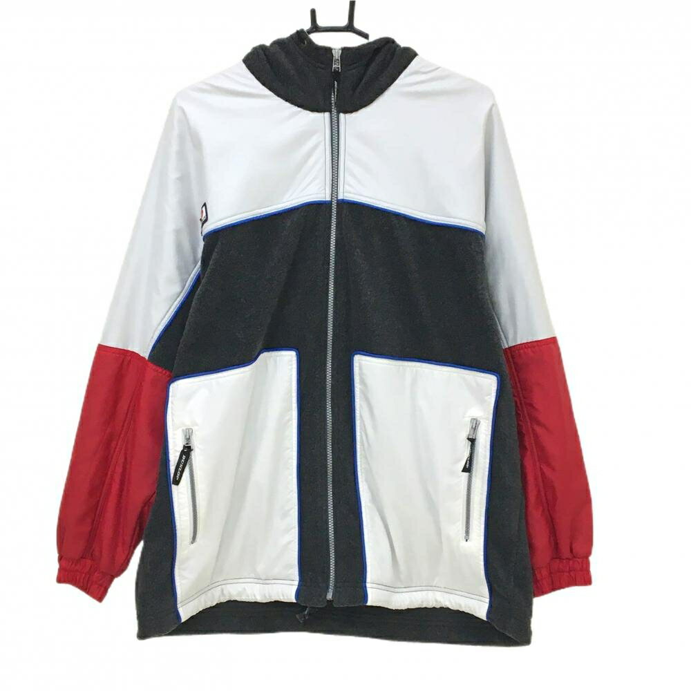 【美品】ダンロップ ジップパーカー 白×グレー×レッド 裏起毛 ジャケット メンズ MA ゴルフウェア DUNLOP