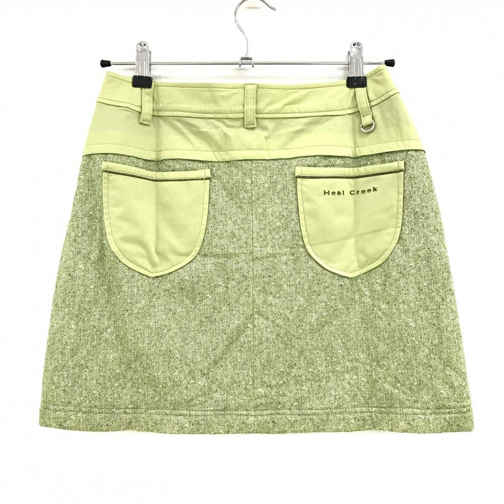 【超美品】ヒールクリーク 中綿スカート 杢ライトグリーン ロゴ刺しゅう レディース 38(S) ゴルフウェア Heal Creek