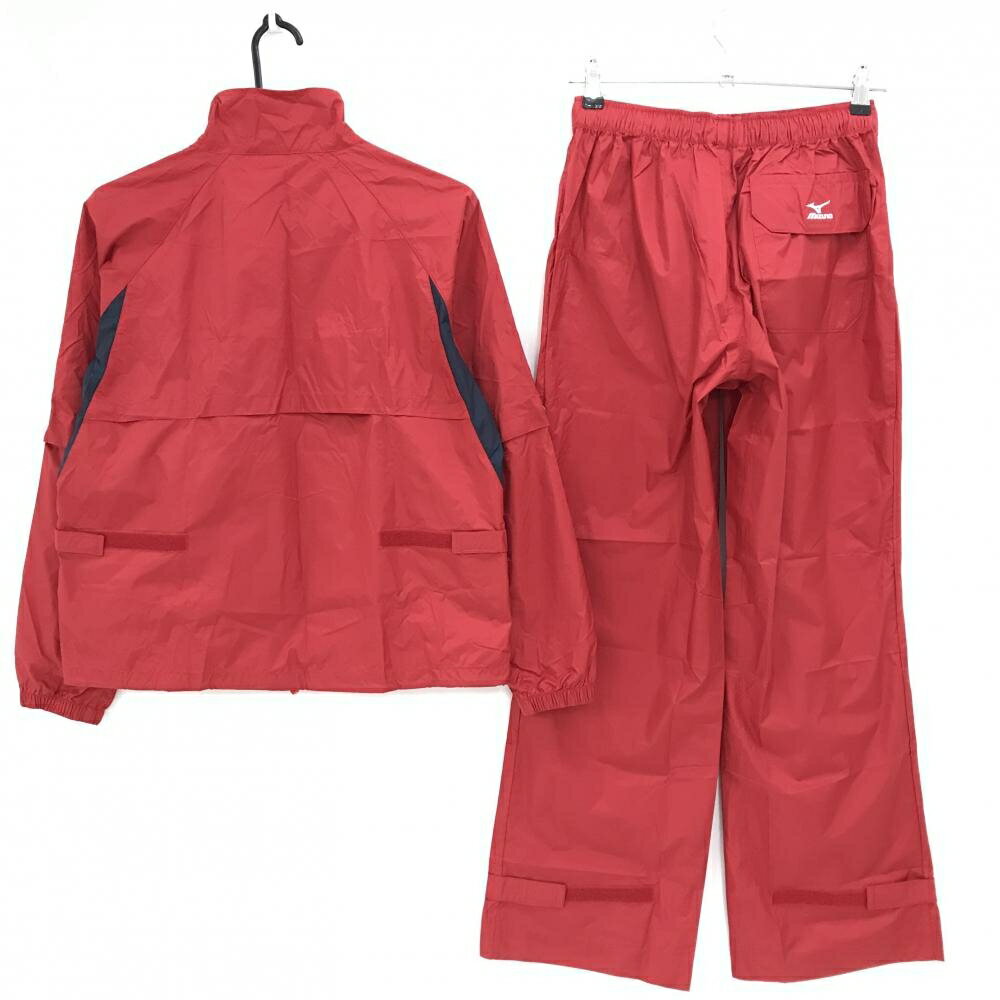 【美品】ミズノゴルフ レインウェア(2WAYジャケット×パンツ) レッド 収納袋付 袖着脱可 レディース M ゴルフウェア MIZUNO