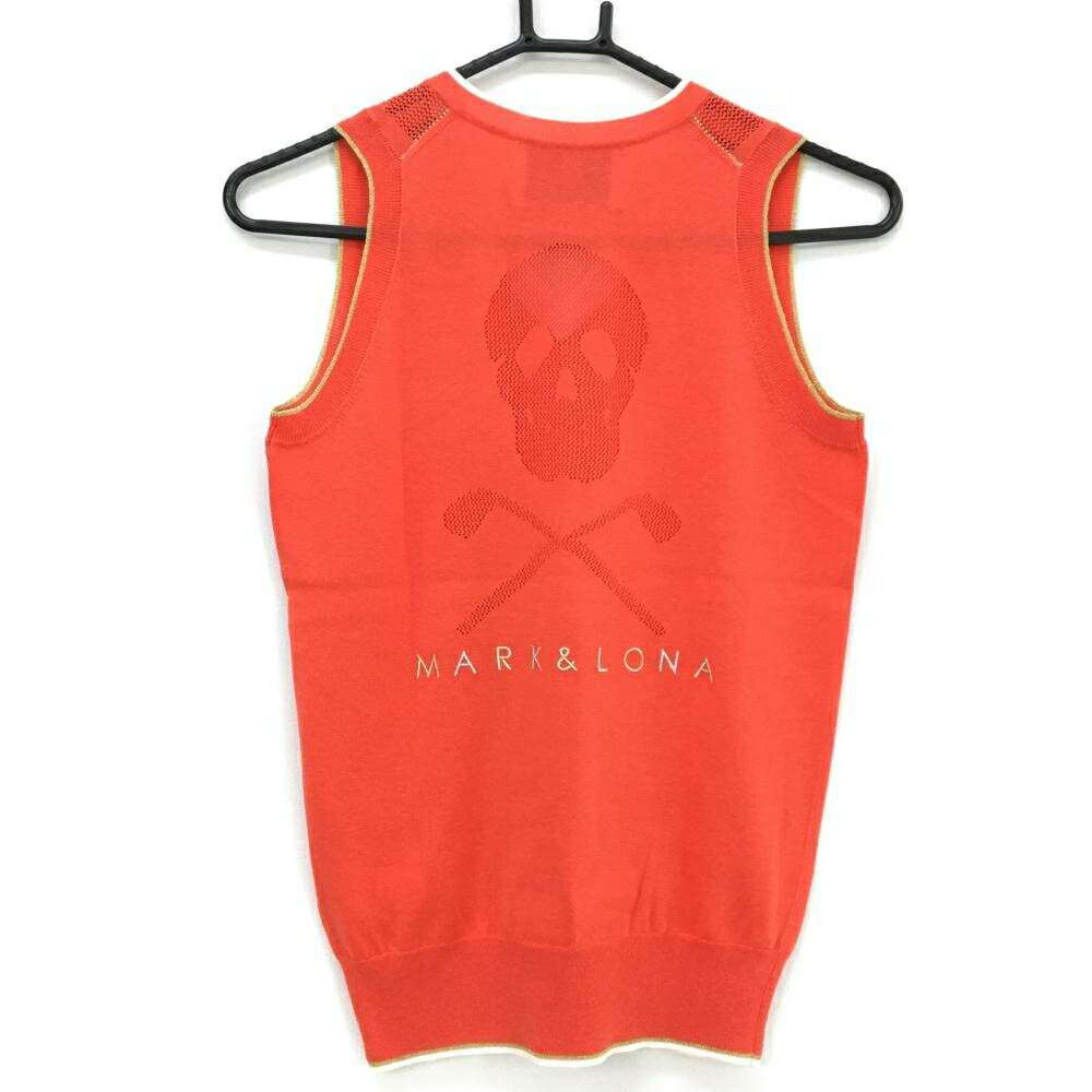 【超美品】マークアンドロナ ニットベスト オレンジ 背面透かし編みスカル コットン混 レディース S ゴルフウェア MARK＆LONA