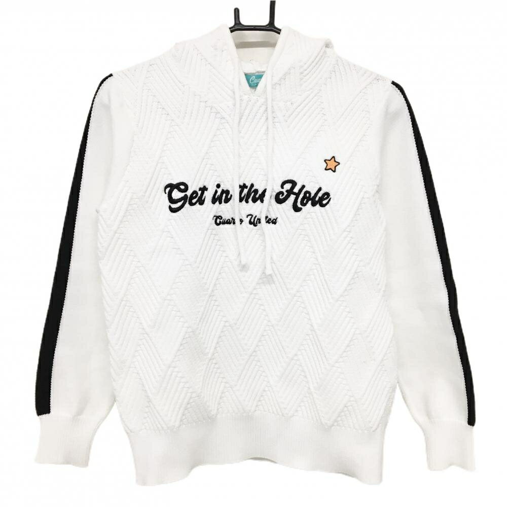 【超美品】クアルトユナイテッド ニットパーカー 白 身頃ダイヤ柄編み 袖ライン セーター レディース M ゴルフウェア CUARTO UNITED