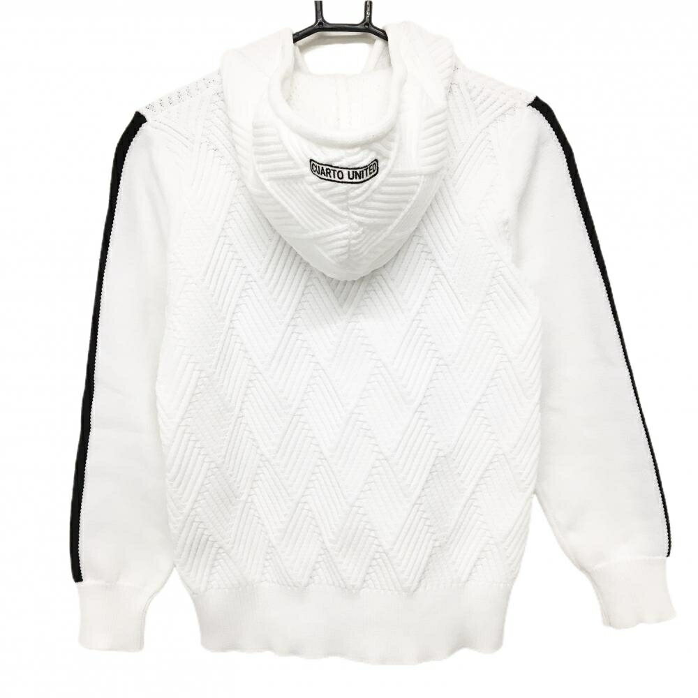 【超美品】クアルトユナイテッド ニットパーカー 白 身頃ダイヤ柄編み 袖ライン セーター レディース M ゴルフウェア CUARTO UNITED