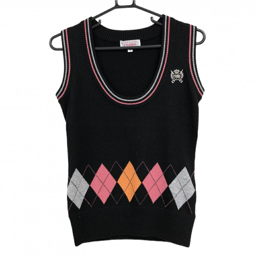 【超美品】ビバハートreplie ニットベスト 黒×ピンク 前面裾アーガイル柄 ウール混 レディース 40(M) ゴルフウェア VIVA HEART