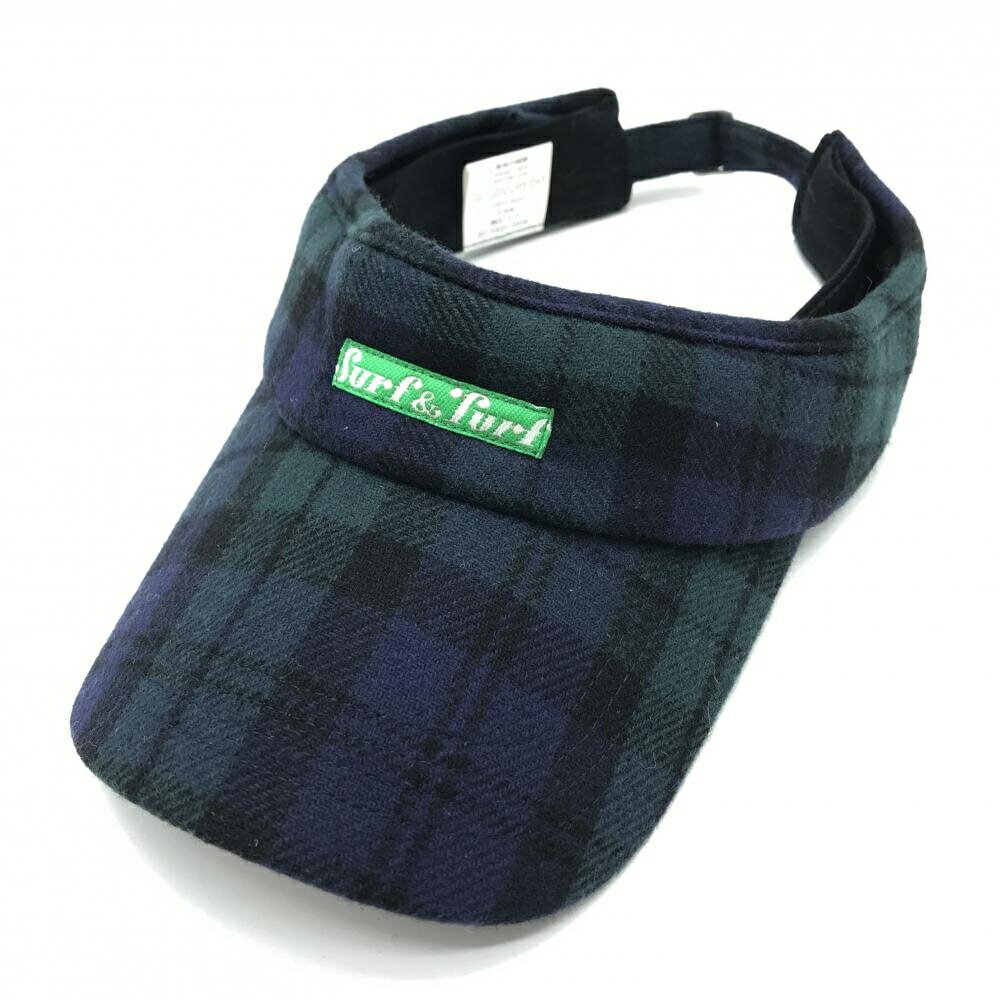 【超美品】サーフアンドターフ サンバイザー ネイビー×グリーン チェック ウール混 FREE SIZE ゴルフウ..