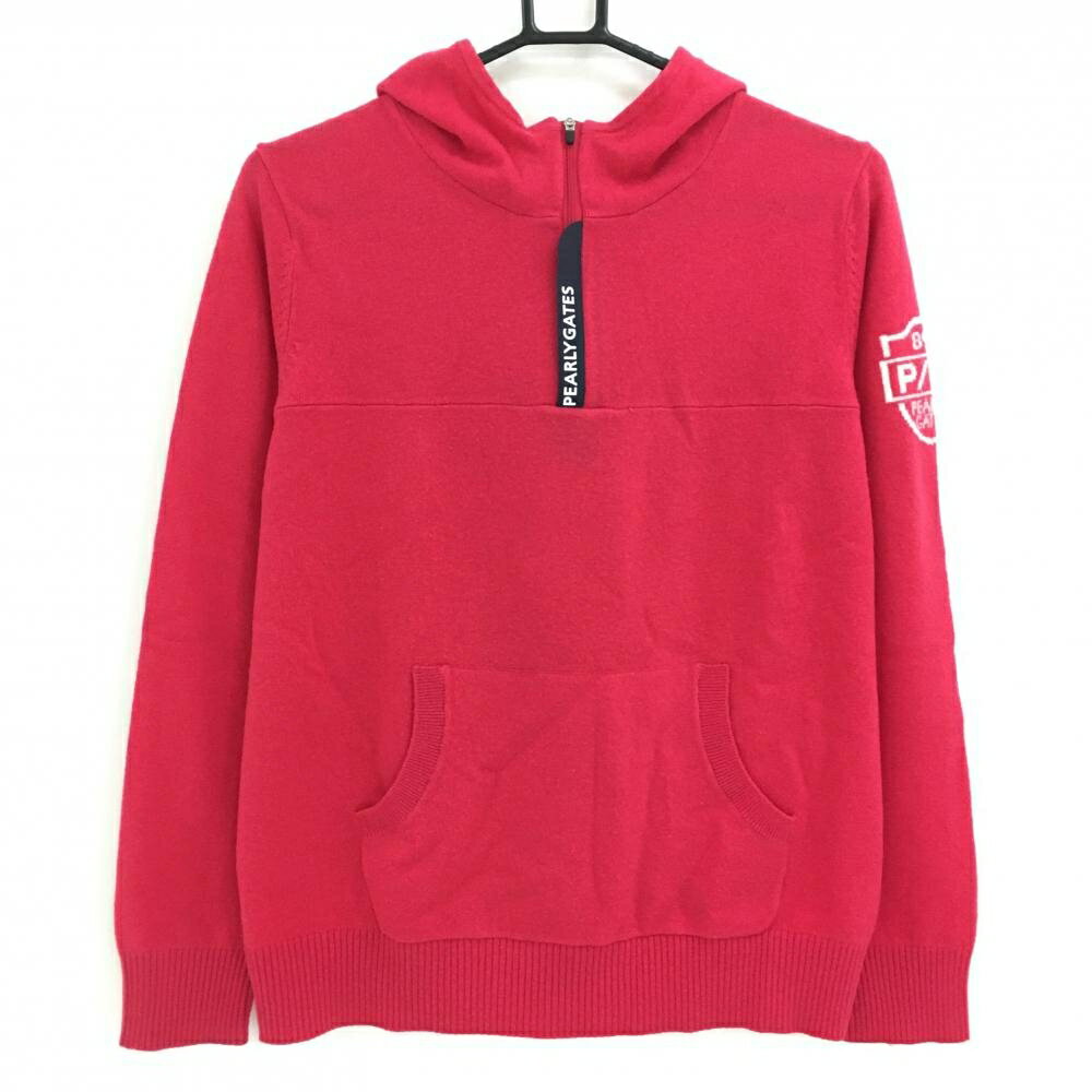 【美品】パーリーゲイツ フード付きセーター レッドピンク ハーフジップ 袖ロゴ ニット レディース 1(M..
