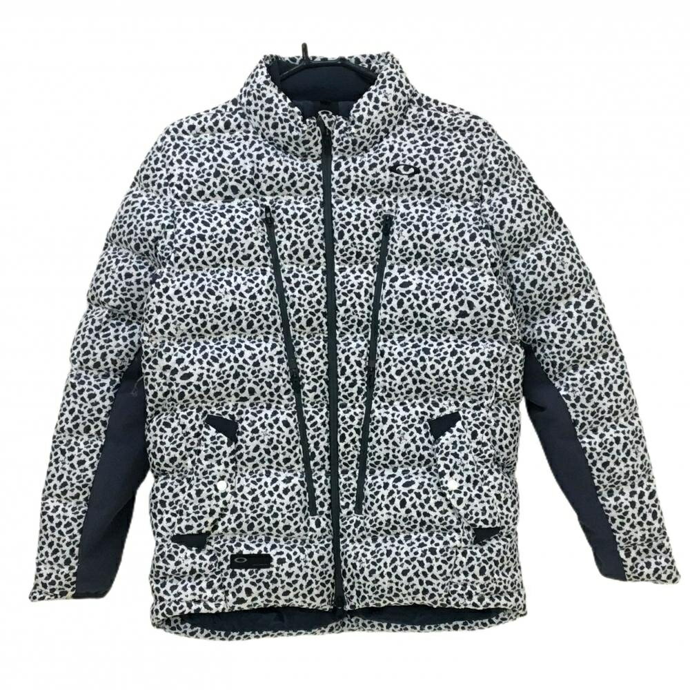 オークリー ダウンジャケット 白×グレー 総柄 ジップポケット ダウン80％ メンズ L ゴルフウェア Oakley