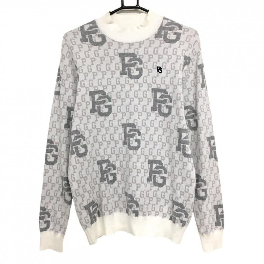 【超美品】パーリーゲイツ ハイネックセーター 白×グレー 英字総柄 ニット メンズ 5(L) ゴルフウェア 2024年モデル PEARLY GATES