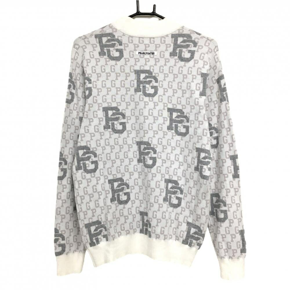 【超美品】パーリーゲイツ ハイネックセーター 白×グレー 英字総柄 ニット メンズ 5(L) ゴルフウェア 2024年モデル PEARLY GATES