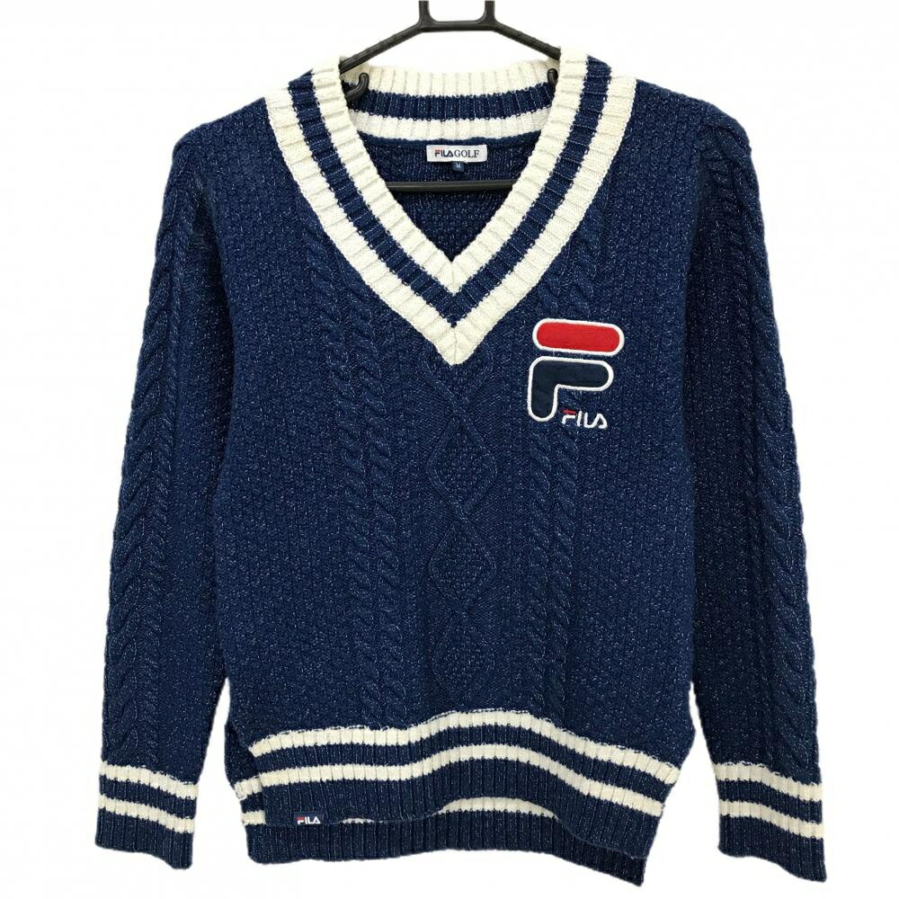 フィラゴルフ セーター ネイビー×白 ケーブル編み Vネック ロゴ刺しゅう ニット レディース M ゴルフウ..