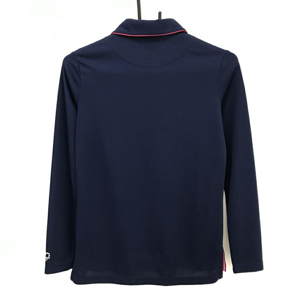 【超美品】ビバハートreplie 長袖ポロシャツ ネイビー×ピンク 襟裏チェック ロゴ 襟縁ライン レディース 40(M) ゴルフウェア VIVA HEART