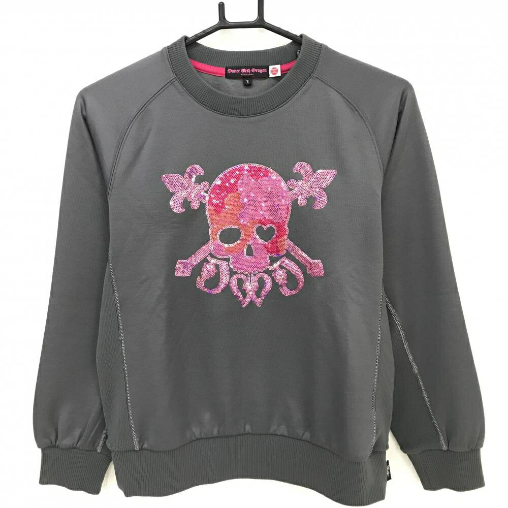 【美品】ダンスウィズドラゴン トレーナー グレー×ピンク スパンコールスカル レディース 2(M) ゴルフウェア Dance With Dragon