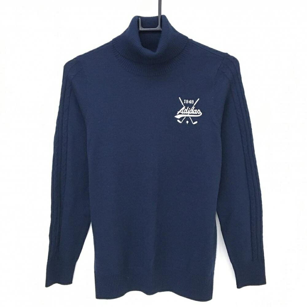 【美品】アディダス タートルネックセーター ネイビー×白 袖ケーブル編み ニット ウール混 レディース ..