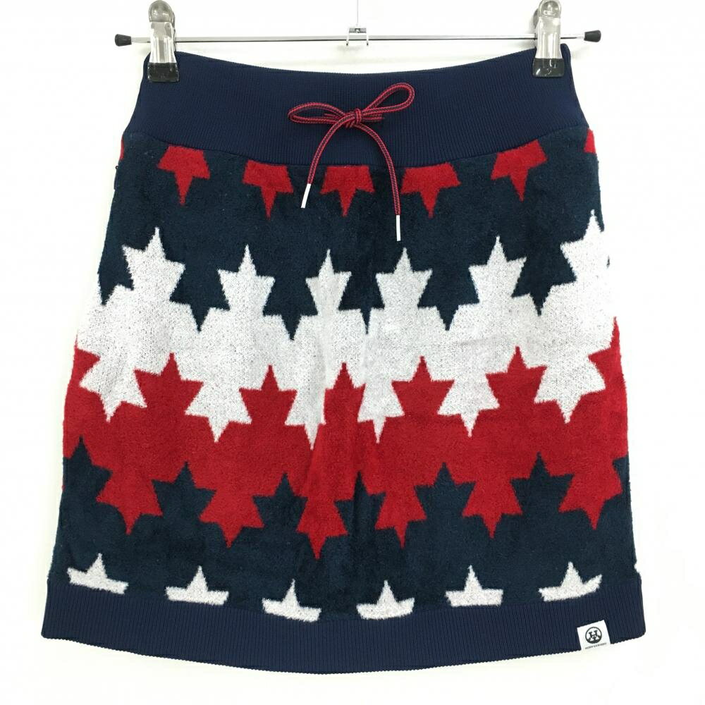 【超美品】ホーンガーメント ニットスカート ネイビー×レッド×白 総柄 レディース 36(S) ゴルフウェア HORN GARMENT
