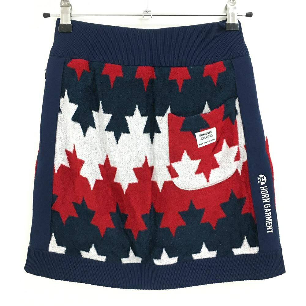 【超美品】ホーンガーメント ニットスカート ネイビー×レッド×白 総柄 レディース 36(S) ゴルフウェア HORN GARMENT