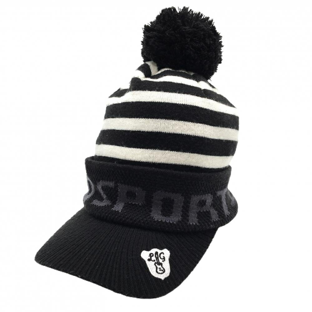 ルコック つば付ニット帽 黒×白 ボーダー アクリル100％ ボンボン付 F(55cm-57cm) ゴルフウェア le coq..