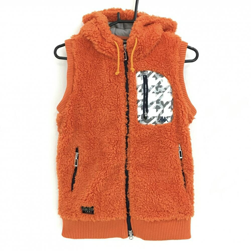 【超美品】カッパ ボアベスト オレンジ×ネイビー ダブルジップ 胸ポケット フード付き レディース M ゴルフウェア Kappa