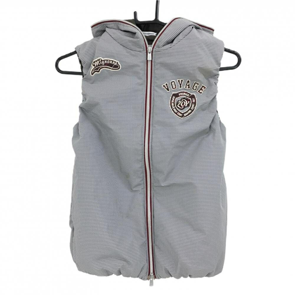 ゾーイ フード付中綿ベスト ネイビー×白 チェック ダブルジップ レディース 38(M) ゴルフウェア ZOY