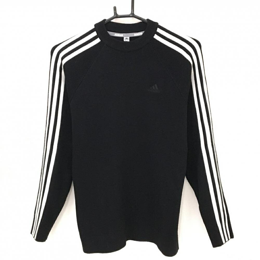 【美品】アディダス セーター 黒×白 肩・袖3ライン ウール混 ニット レディース ゴルフウェア adidas