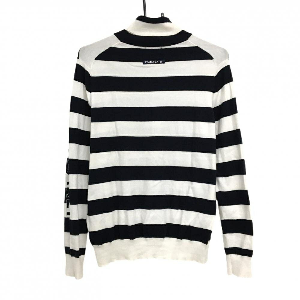 パーリーゲイツ タートルネックセーター 白×ネイビー ボーダー 胸ロゴ ニット レディース 1(M) ゴルフウェア PEARLY GATES