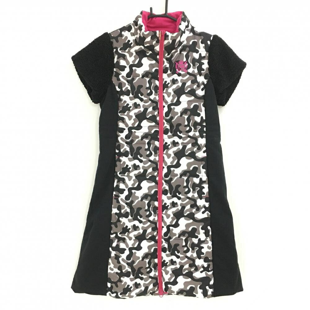 【新品】ビバハートreplie 中綿半袖ワンピース 黒×白 一部カモフラ 迷彩 袖ボア レディース 40(M) ゴルフウェア VIVA HEART