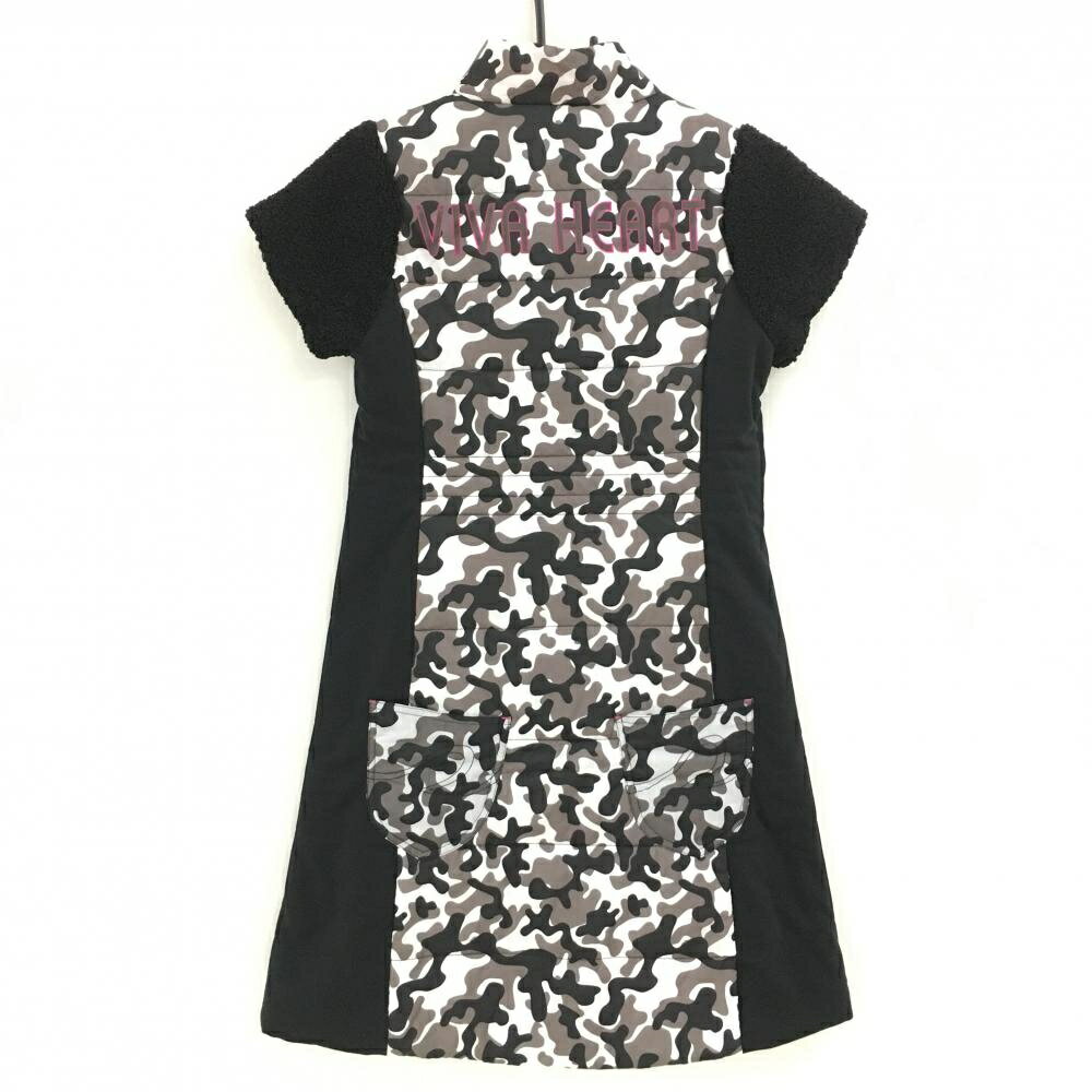 【新品】ビバハートreplie 中綿半袖ワンピース 黒×白 一部カモフラ 迷彩 袖ボア レディース 40(M) ゴルフウェア VIVA HEART