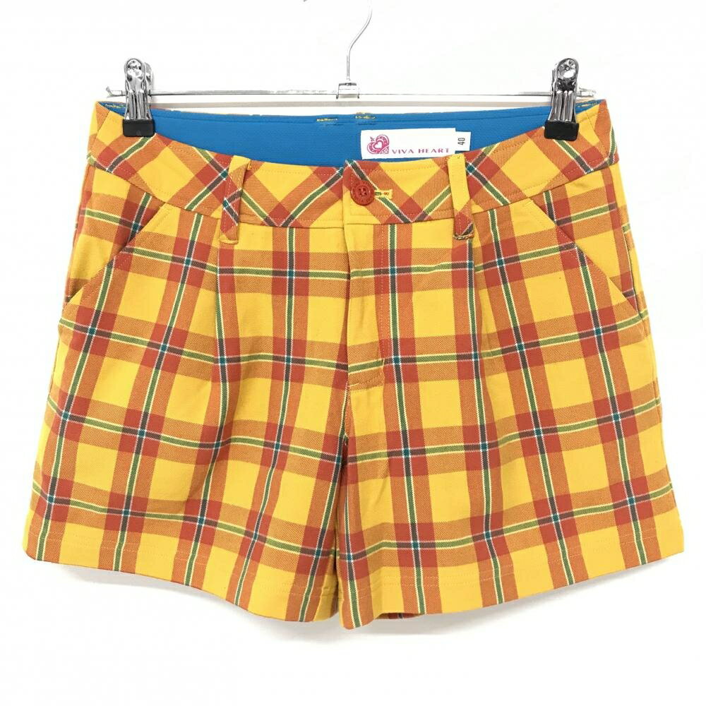 【美品】ビバハート ショートパンツ イエロー×オレンジ チェック 裏地付 レディース 40(M) ゴルフウェ..