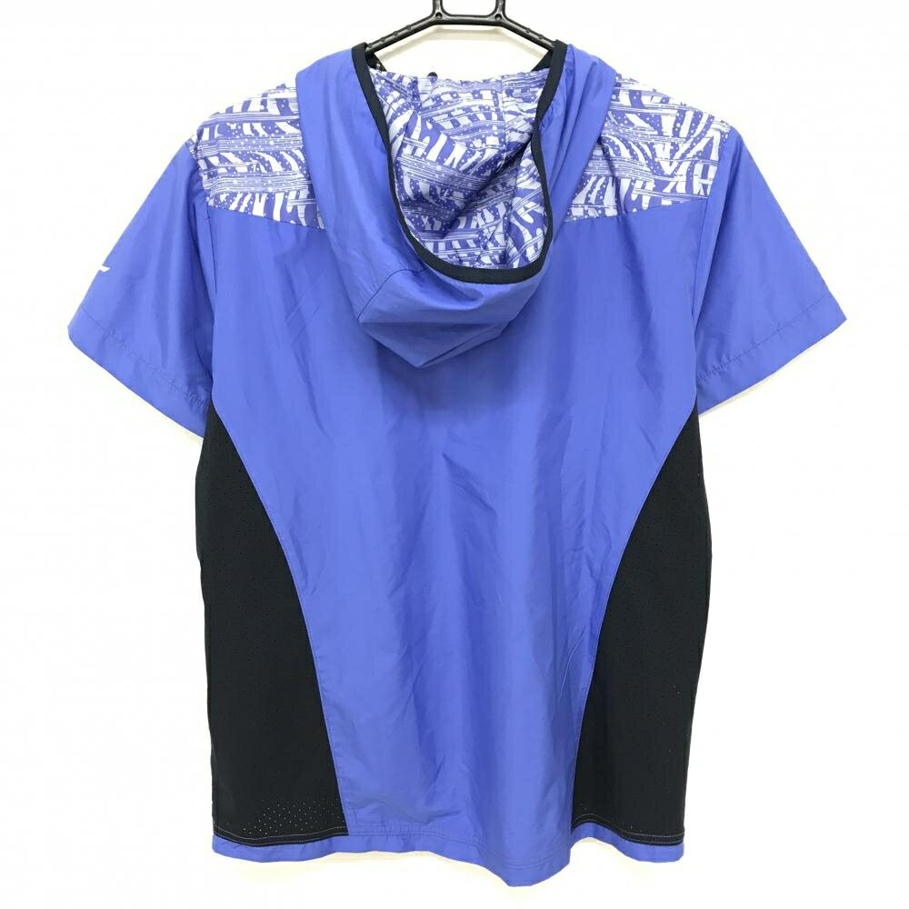 【超美品】ミズノ フード付半袖ブルゾン ブルー×ネイビー 上部総柄 ハーフジップ レディース ゴルフウェア MIZUNO