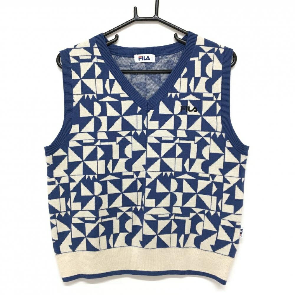【超美品】フィラ ニットベスト ブルー×ライトベージュ 総柄 Vネック レディース M ゴルフウェア FILA GOLF