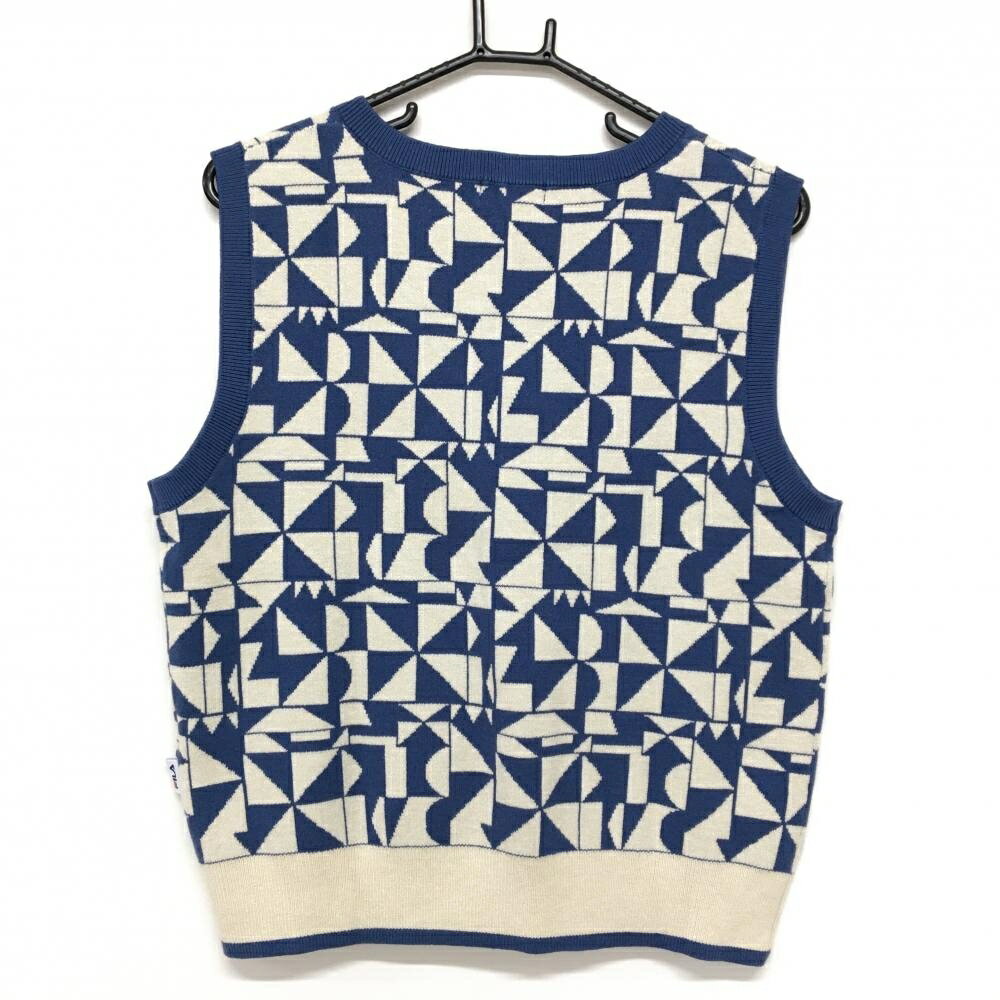 【超美品】フィラ ニットベスト ブルー×ライトベージュ 総柄 Vネック レディース M ゴルフウェア FILA GOLF