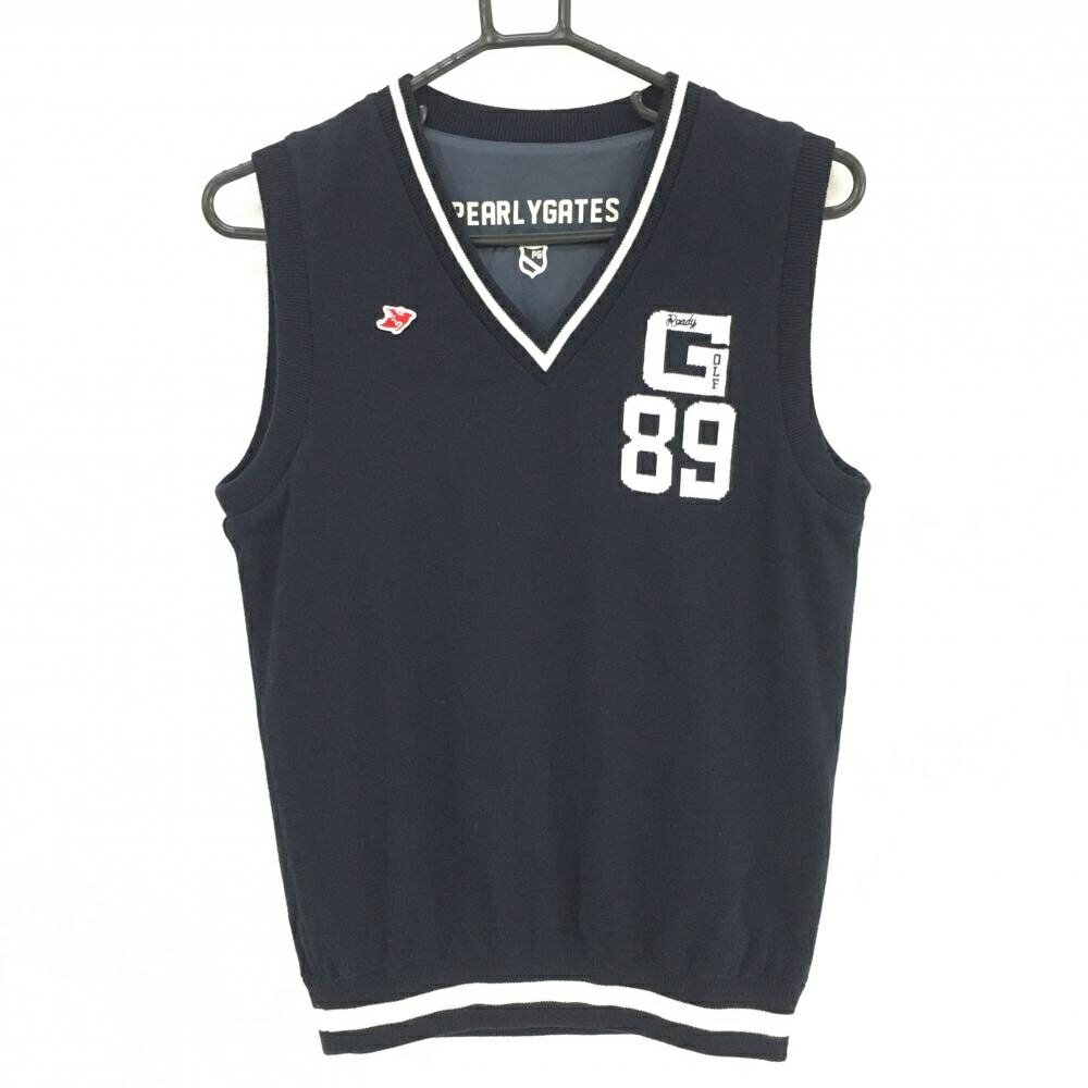 【美品】パーリーゲイツ リバーシブルニットベスト ダークネイビー×白 裏ナイロン Vネック レディース ..