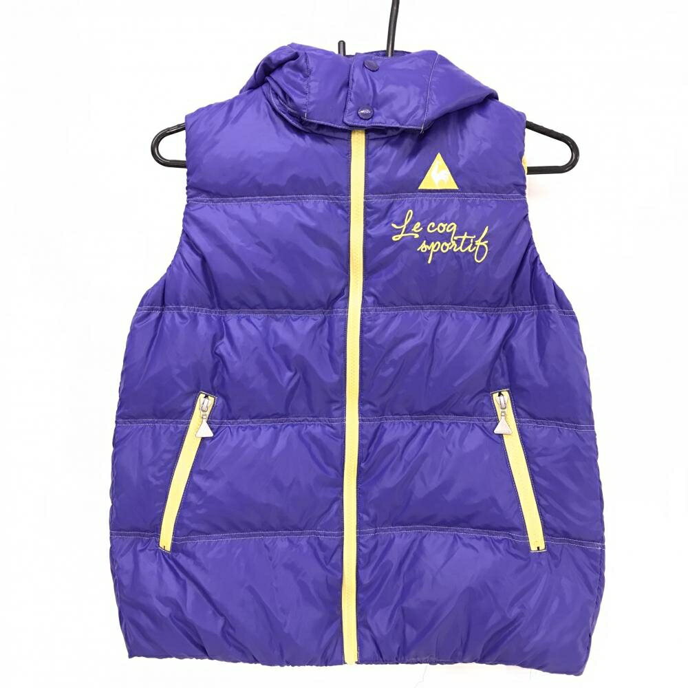 【超美品】ルコックゴルフ ダウンベスト ブルー系×イエロー フード取外し可 レディース M ゴルフウェア le coq sportif