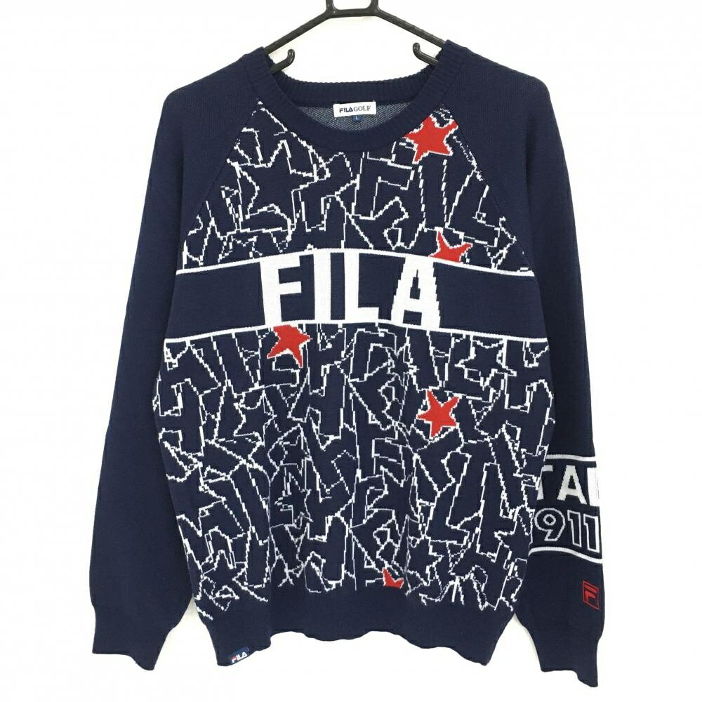 【美品】フィラゴルフ セーター ネイビー×白 前身頃星柄 ビッグロゴ ウール混 ニット メンズ L ゴルフ..