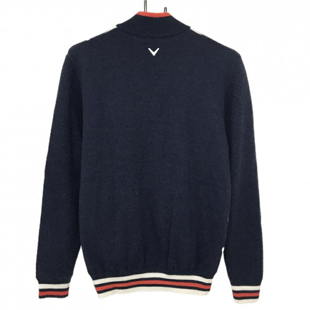 キャロウェイ ニットジャケット ネイビー×白 前身頃格子柄 裏地付き ウール混 メンズ M ゴルフウェア Callaway