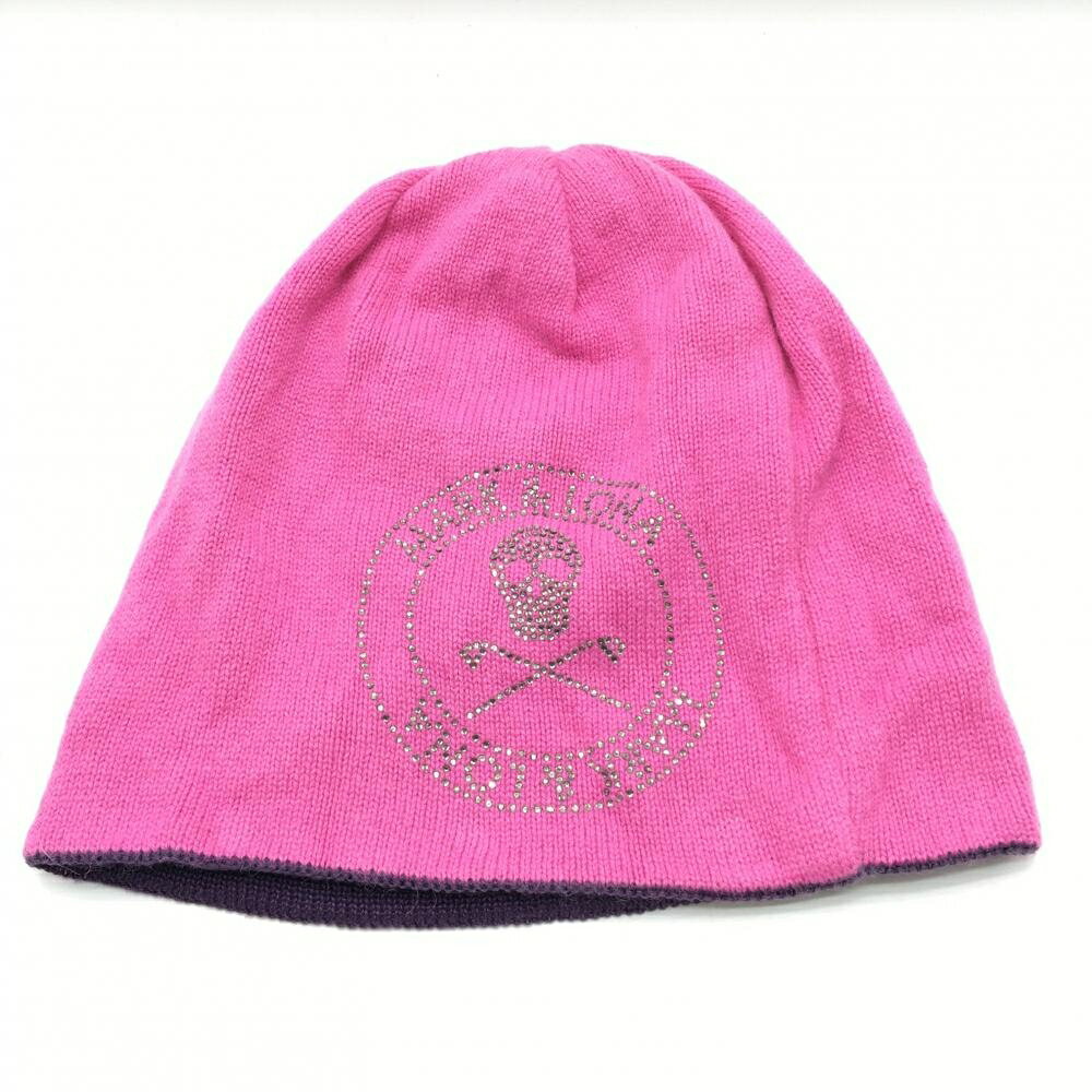 【超美品】マークアンドロナ リバーシブルニット帽 ピンク 片面パープル ラインストーンスカル ゴルフウェア MARK＆LONA