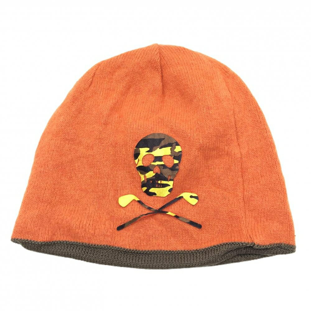 マークアンドロナ リバーシブルニット帽 オレンジ 片面ブラウン カモフラ柄スカル ゴルフウェア MARK＆LONA